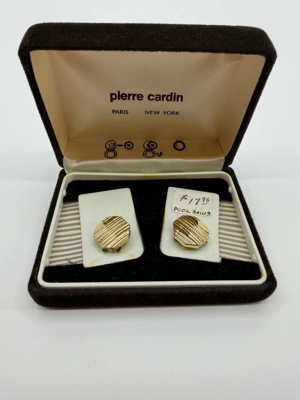 Pierre Cardin Cufflinks Gold Tone Octagon Textured Vintage Box Paris